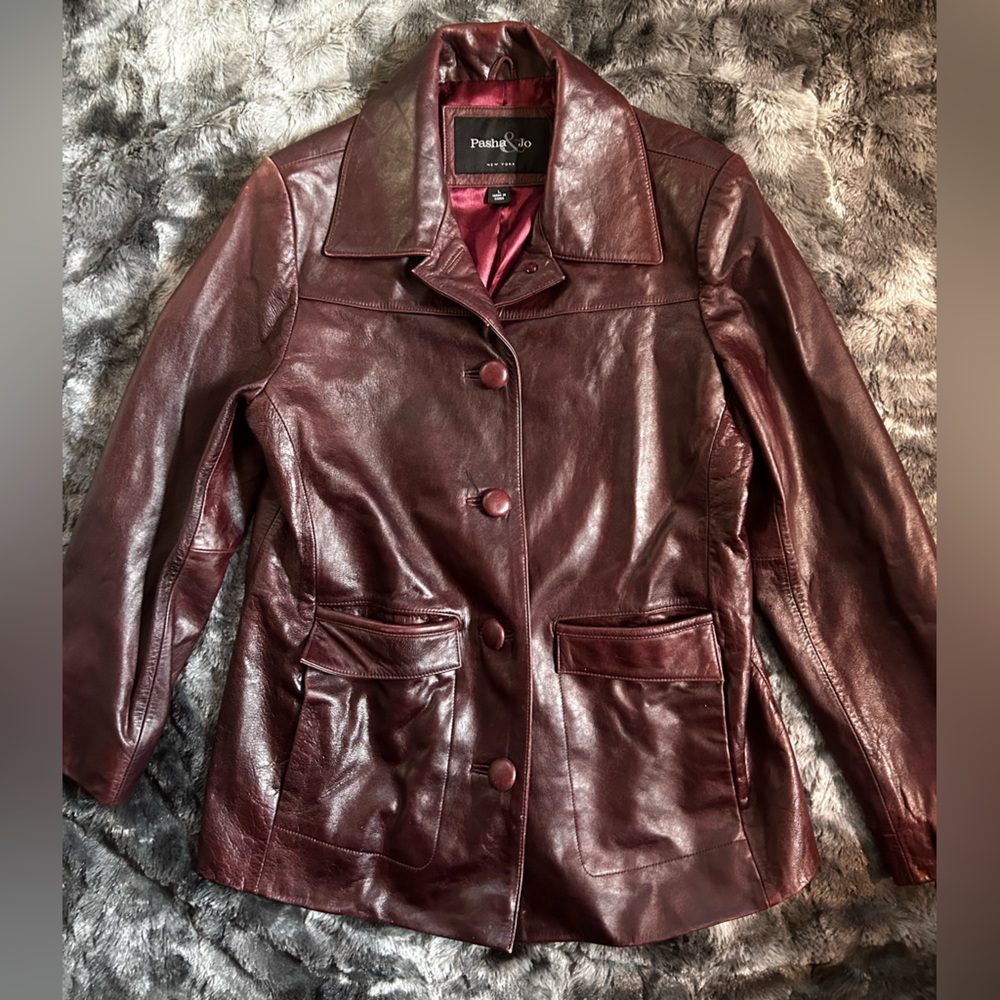 Burgundy leather button up jacket